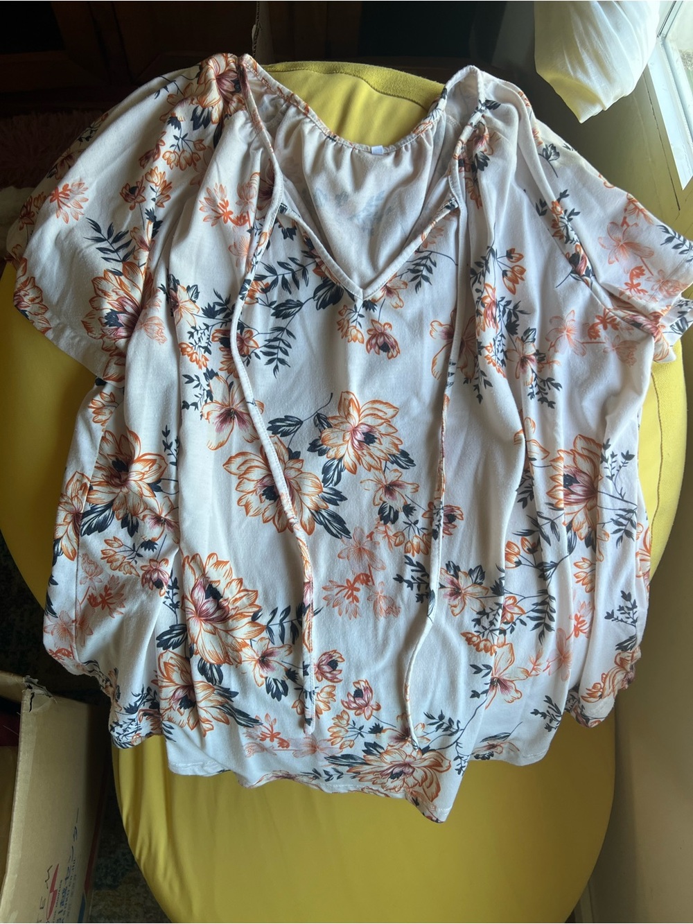 Women’s Floral V-Neck Peasant Top - White with Orange Floral